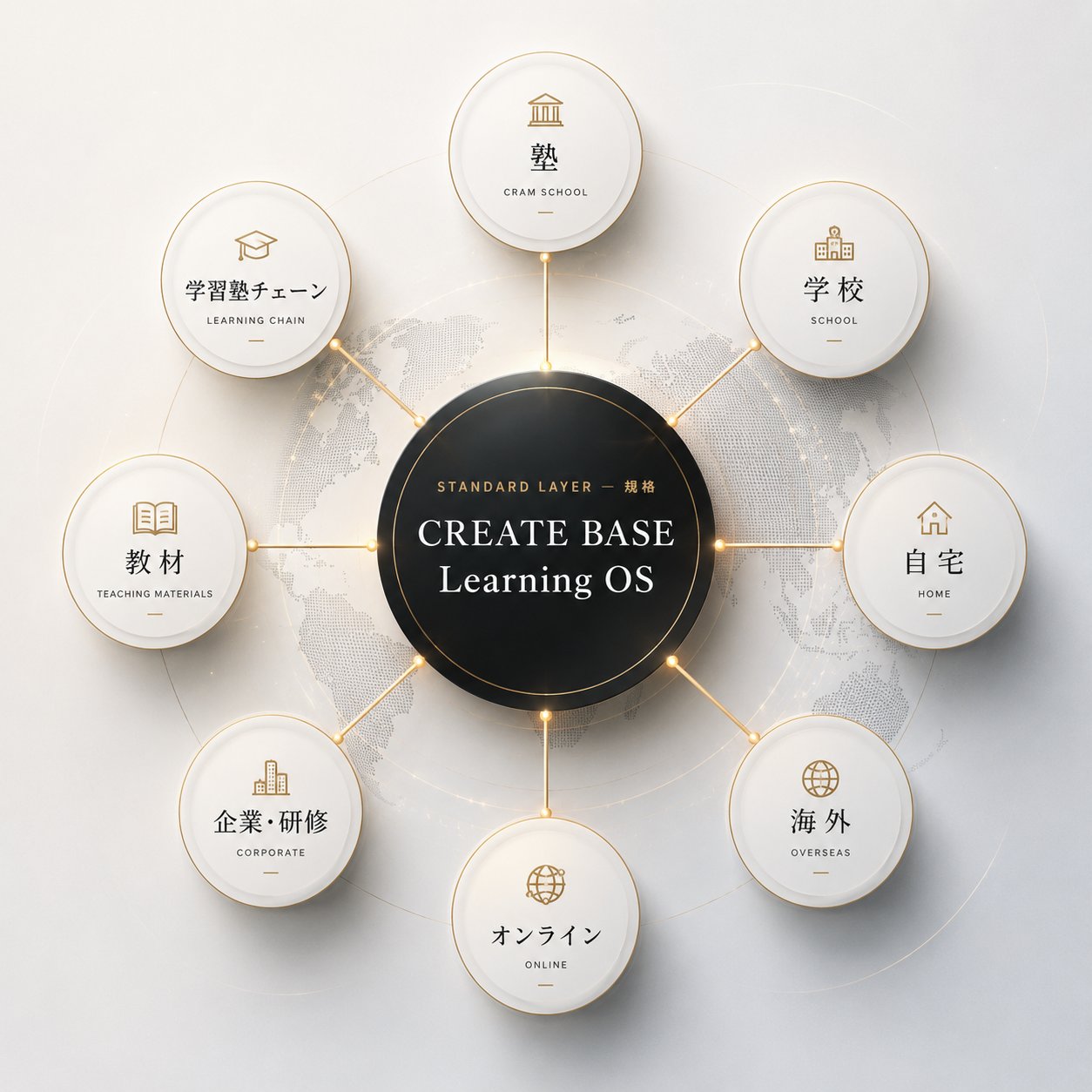 CREATE BASE Learning OS を中心とする実装チャネル（塾・学校・学習塾チェーン・教材・企業研修・オンライン・海外・自宅）の関係図